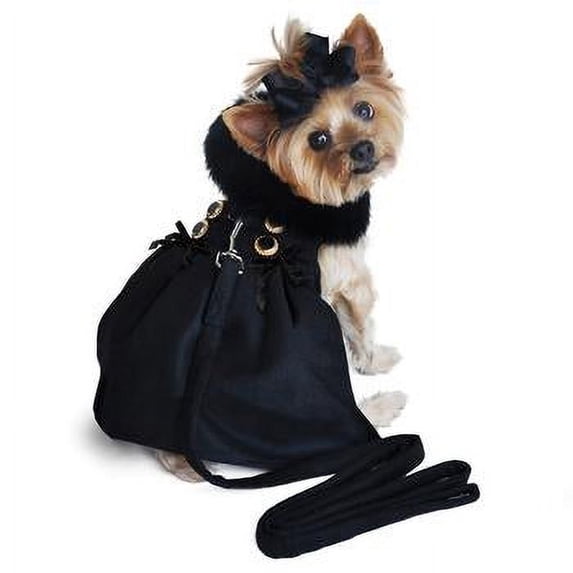 Black Wool Dog Coat Harness Fur Collar with Matching Leash