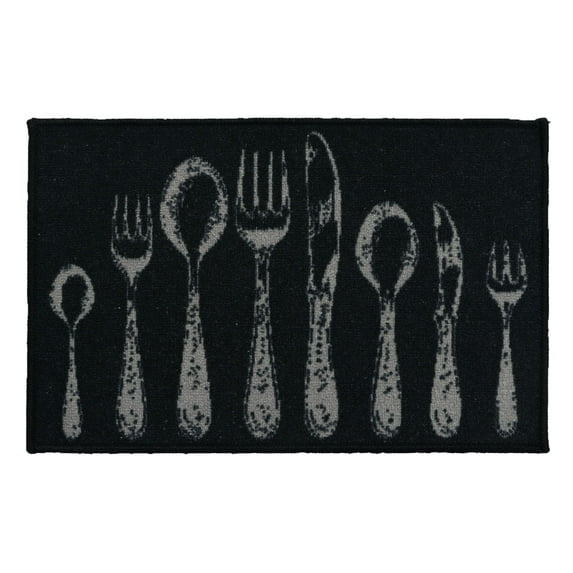 Black Wool-Effect Kitchen Mat with Chic Cutlery Print 32 x 20 Inches