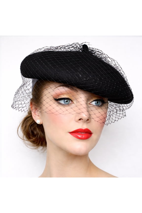 Black Wool Felt Beret w Veil Netting - Church, Party, Retro Style by Hey Viv