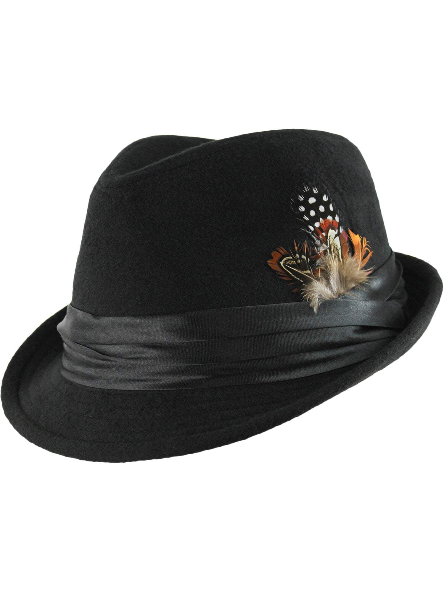 Black Wool Felt Fedora Hat With Feather Trim Size Medium