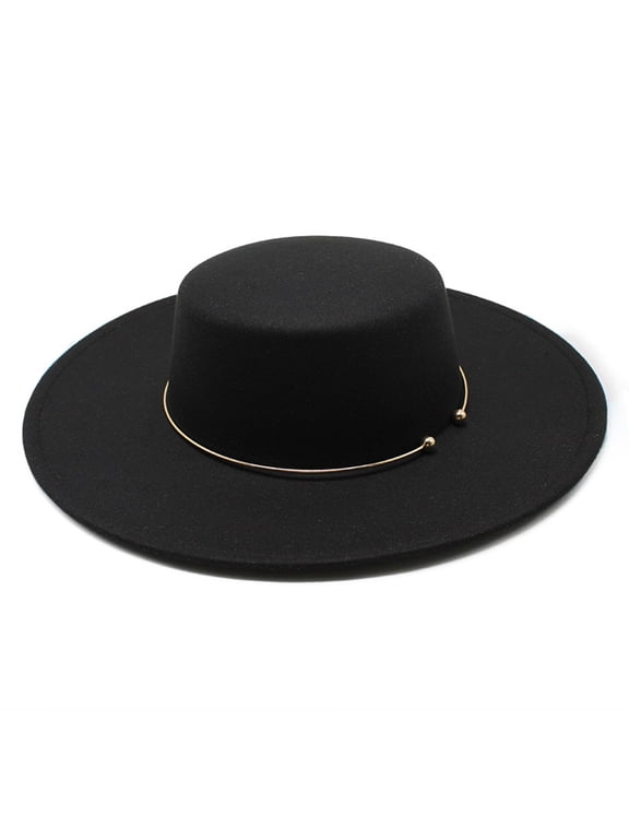 Black Wool Felt Flat Top Hat Wide Brim Boater Hat with Gold Wire Accent Classic Dress Hat for Men and Women