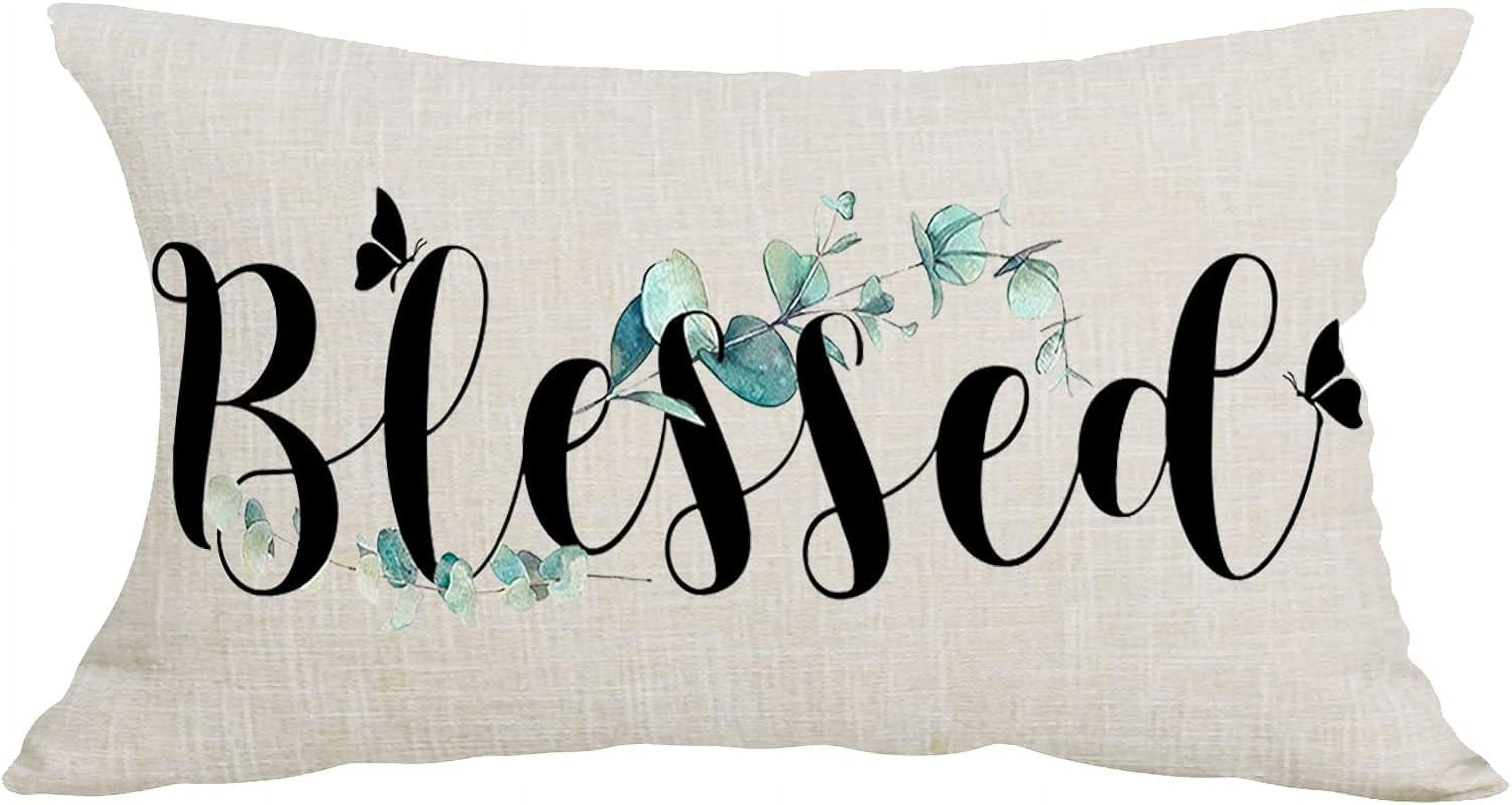 Black Word Art Blessed Gre Leaves rative Lumbar Pillowcase Throw Pillow ...