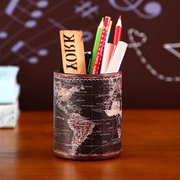 Black World Map Pencil Holder for Desk, PU leather Pencil Cup, Globe Pen Holder for Desk Office Supply Organizer PH46$$Office