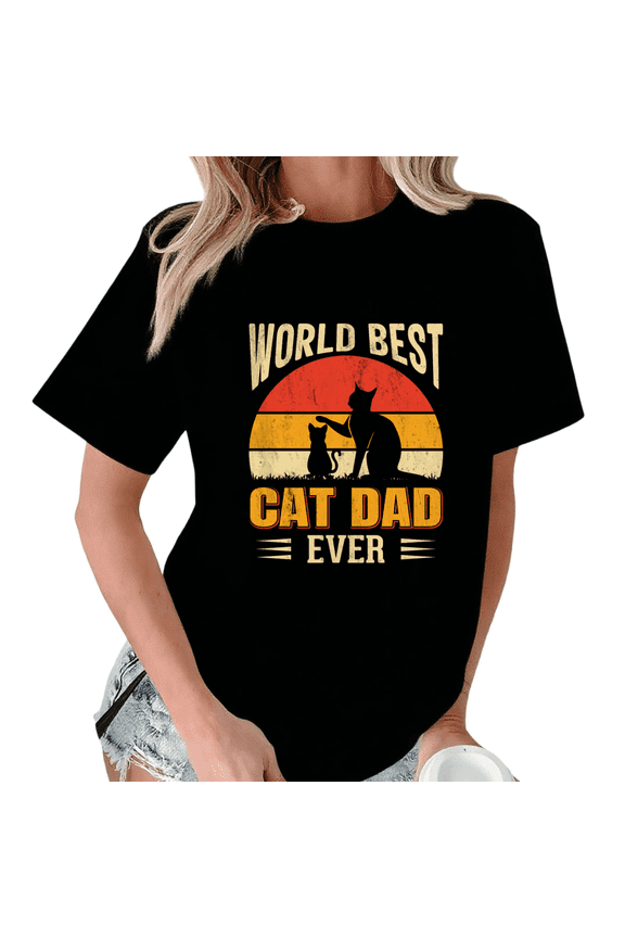 Black World's Best Cat Dad Cute Sunset Cat Family Tshirt Graphic Tees Shirts Holiday Gift Feline Parent Classic S-5XL Tops