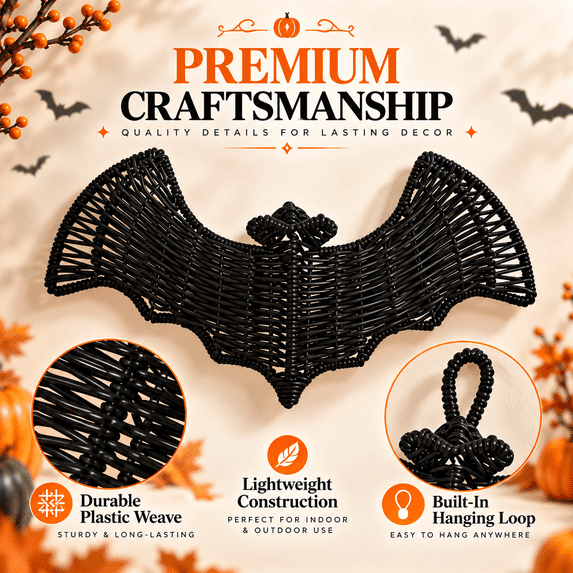 Black Woven Bamboo Bat Wall Art Decor, 1pc Handcrafted Rattan Halloween Ornament, Festive Hanging Decoration for Wall, Porch, Living Room & Holiday Atmosphere