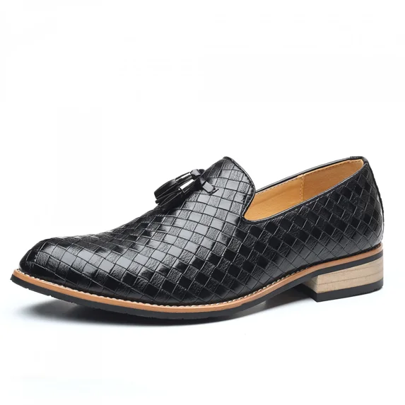 Black Woven Leather Men's Loafers, Tassel Ornament Slip-On Shoes for Parties, Weddings and Daily Wear