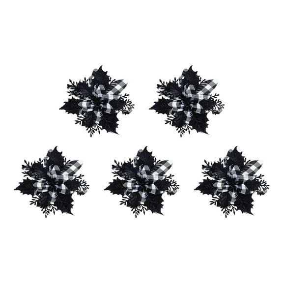 Black Woven Plaid Christmas Flowers Decorative Ornaments Black For Wreaths Trees And Holiday Home Decor Set Of Five Pieces