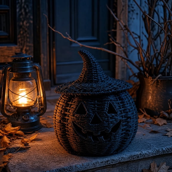 Black Woven Pumpkin Basket with Witch Hat Cover Lid, 11" Halloween Jack-O-Lantern Woven Container, Handcrafted Rattan Pumpkin Tabletop Centerpiece for Home Office Halloween Party Table