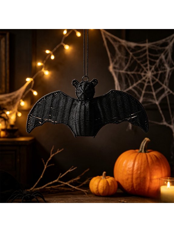 Black Woven Rattan Wall Art Halloween Bat Decoration Indoor Outdoor Festive Decor