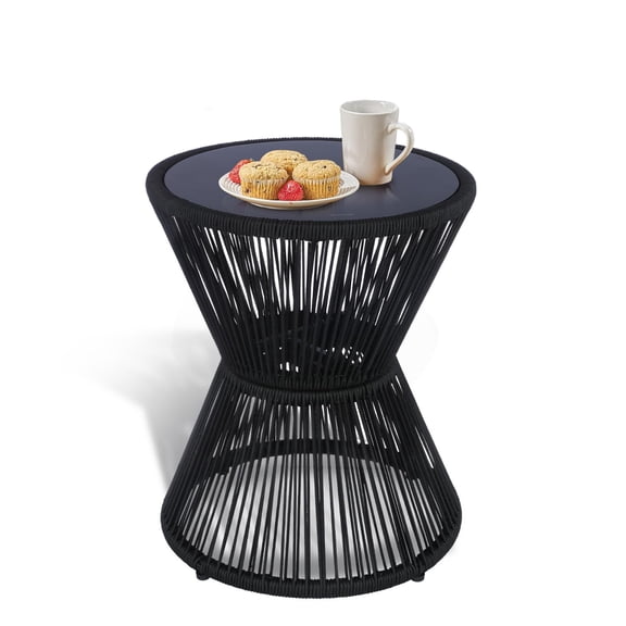 Black Woven Rope Outdoor Side Table with Tempered Glass Top, 20 H
