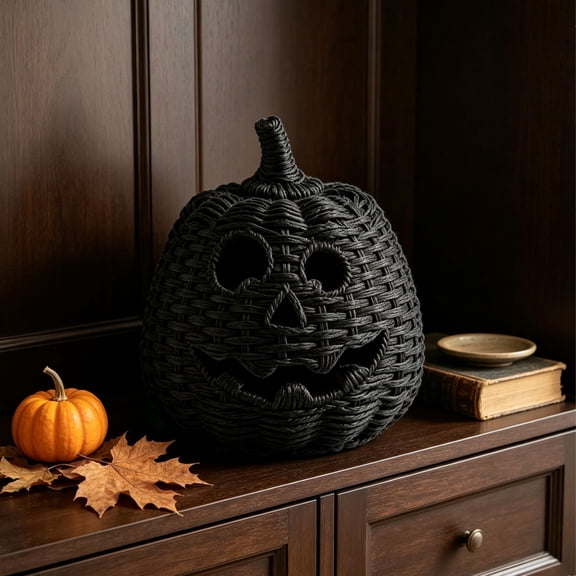 Black Woven Seagrass Pumpkin Halloween Candy Bowl, Handmade Carved Face Decor for Trick or Treat, Rustic Fall Centerpiece for Entryway Tables, Versatile Holiday Storage Basket