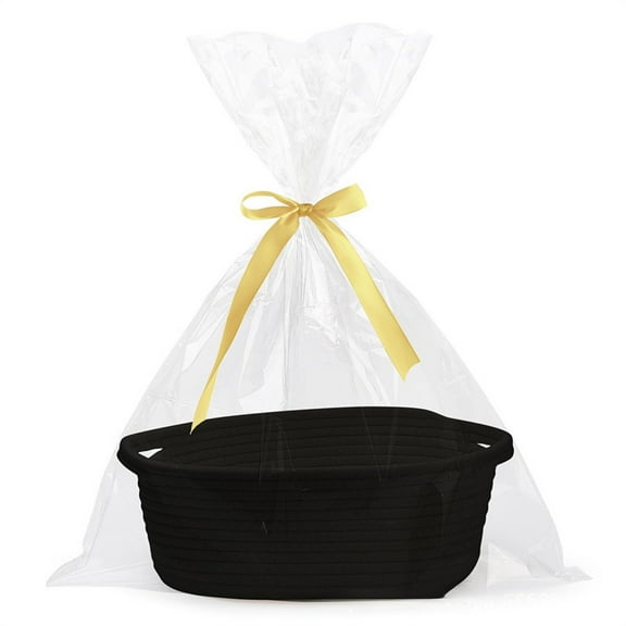 Black Woven Storage Basket With Handles Fabric Rope Organizer For Shelf Closet Gift Basket With Ribbon Decor In Black
