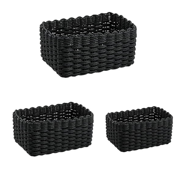 Black Woven Storage Baskets Set of 3, Stackable Rectangular Organizer Bins, Nesting Storage Baskets for Bathroom Vanity Counter Shelf Home Decor