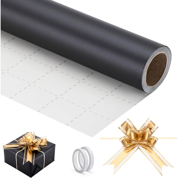 Black Wrapping Paper, Matte Gift Wrap with Gold Pull Bows, Gift Wrapping Paper for Crafts DIY Bouquet Packaging