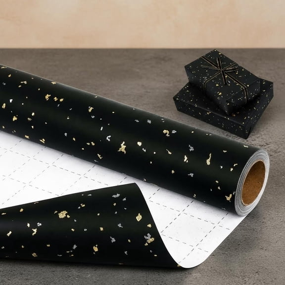 Black Wrapping Paper Roll, Black and Gold Foil Wrapping Paper, Matte Kraft Gift Wrap Paper with Silver and Gold Foil Flake for All Occasions