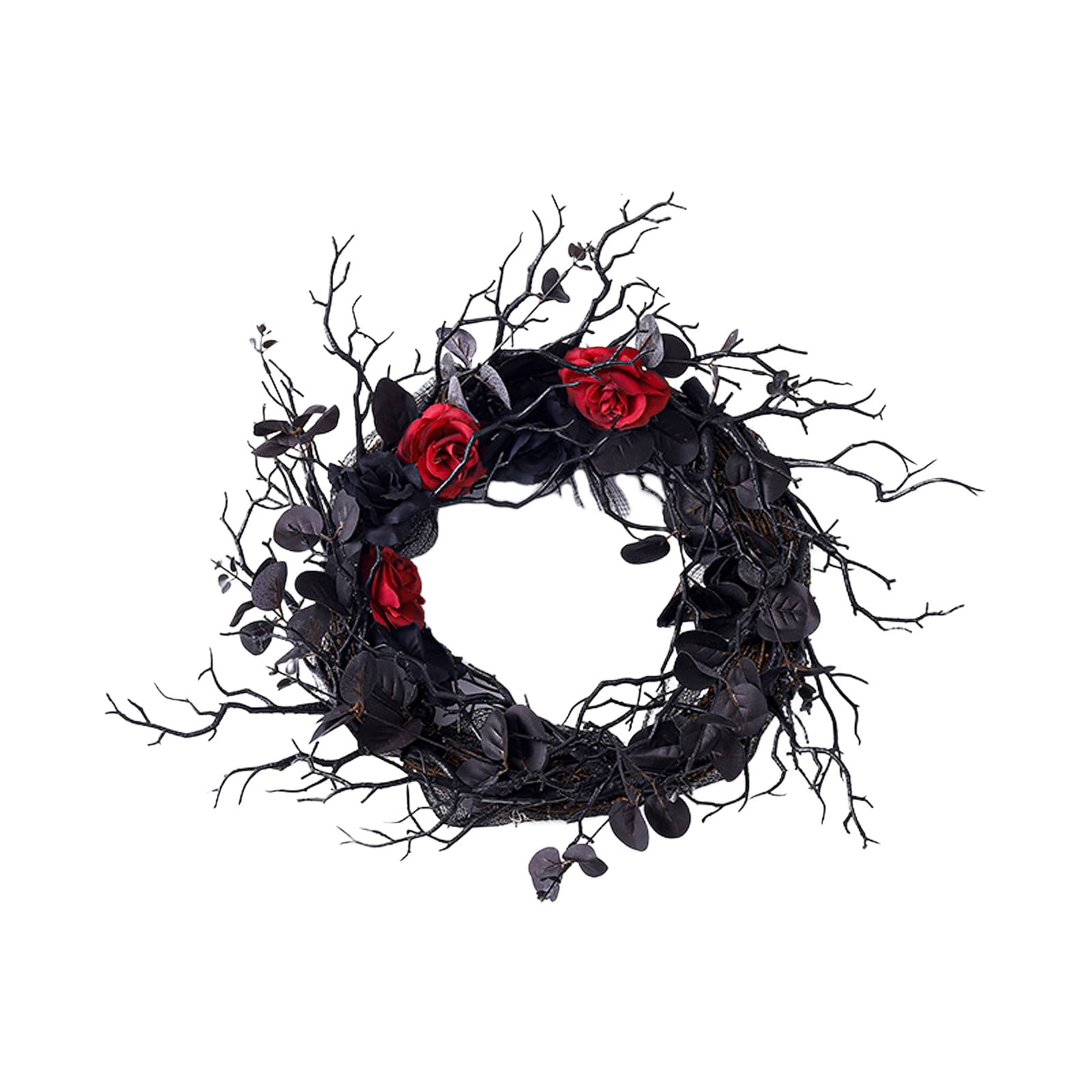 Black Wreath With Branches And Synthetic Flowers Beautiful Decorative