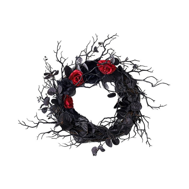 Black Wreath With Branches And Synthetic Flowers Beautiful Decorative