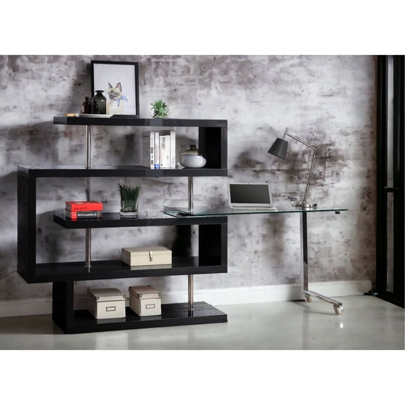Black Writing Desk | 360 Rotation, 4 Shelves Storage | Metal and Tempered Glass Combination | Wheels Ensure Mobility