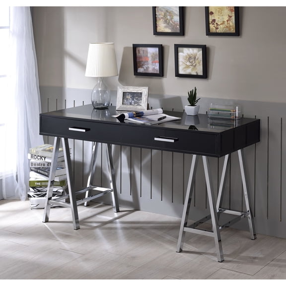 Black Writing Desk with USB | Featuring Drawer Storage and Charging | Metal Base and PVC Veneer | Solves the Problem of Limited Storage and Power