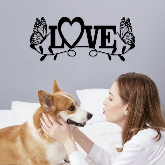 Black Wrought Iron Butterfly Wall Art with “Love” Quote – Modern Minimalist Metal Wall Decor for Living Room, Bedroom, Kitchen, Entryway – 14.2"x5.9" Rustic Hanging Sign