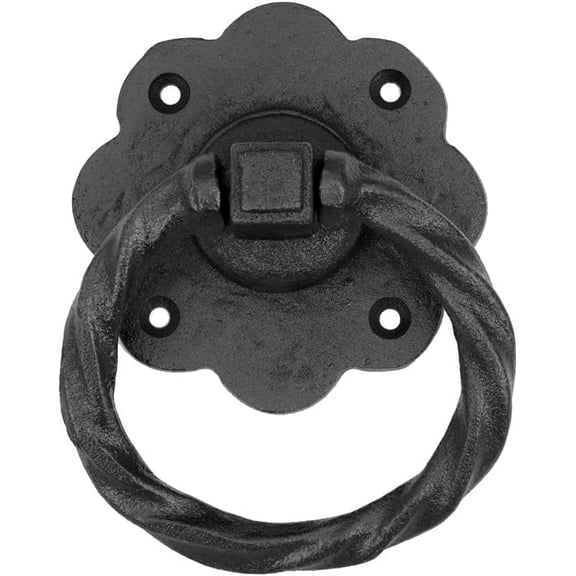 Black Wrought Iron Cabinet Ring Pull Flower Roped Style 3-5/8 in. Antique RSF Rust-Resistant Powder Coat Finish with Mounting Hardware