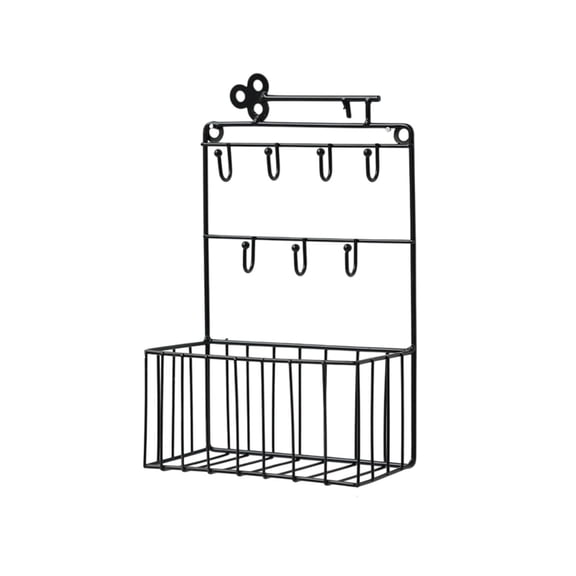 Black Wrought Iron Key Holder With Multiple Hooks And Storage Basket For Wall-Mounted Organization In Entryways Kitchens And Living Rooms