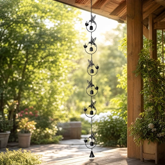 Black Wrought Iron Rain Chain with Bells, Decorative Bird Rain Catcher for Garden Patio Outdoor Decor, Downspout Replacement for Gutter Drainage, 50 x 4.72 Inch