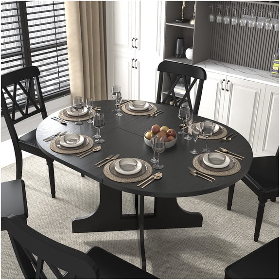 Black X-Base Expandable Oval Dining Table for Farmhouse & Modern Homes