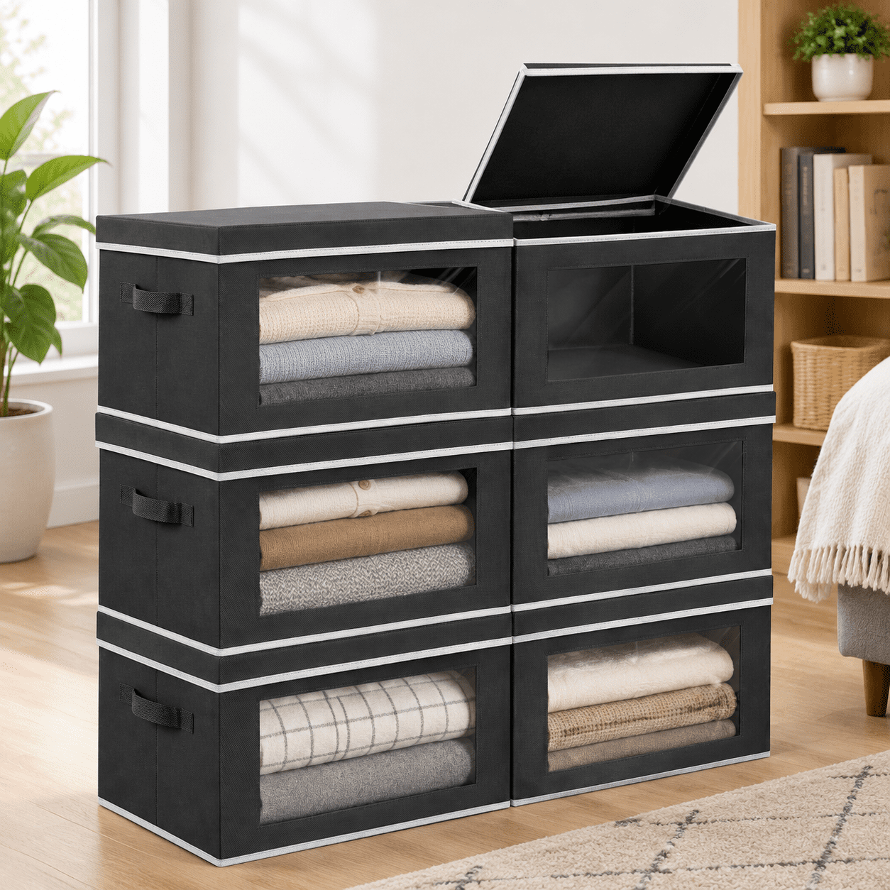 Black XL(6-Pack) Large Stackable Fabric Storage Bins with Lids for ...