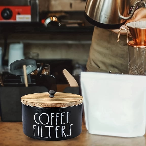 Black XXL 1 Pack Rustic Wooden Coffee Filter Holder with Lid, Durable Wooden Coffee Filter Storage Container, Easy to Clean Coffee Accessory Organizer Box, Decorative Coffee Filter Caddy for Kitchen