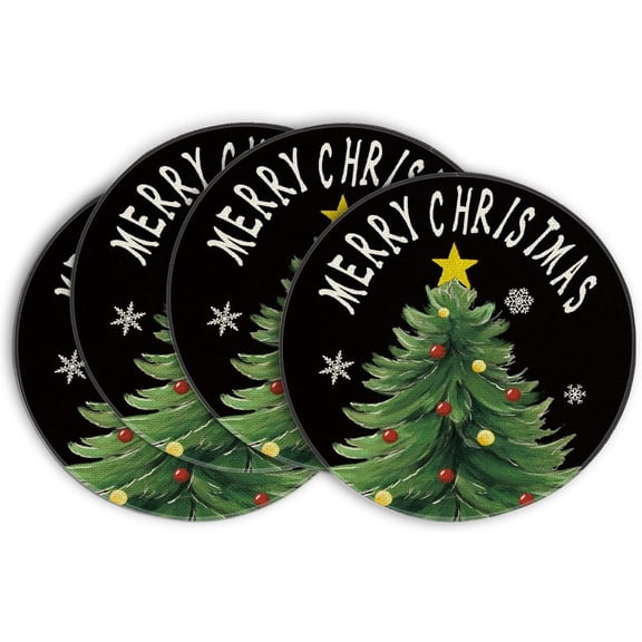 Black Xmas Tree Snowflake Merry Christmas Round Placemats Set of 4, Winter Round Table Mats for Dining Decoration, Washable Table Mats for Kitchen Dining Table