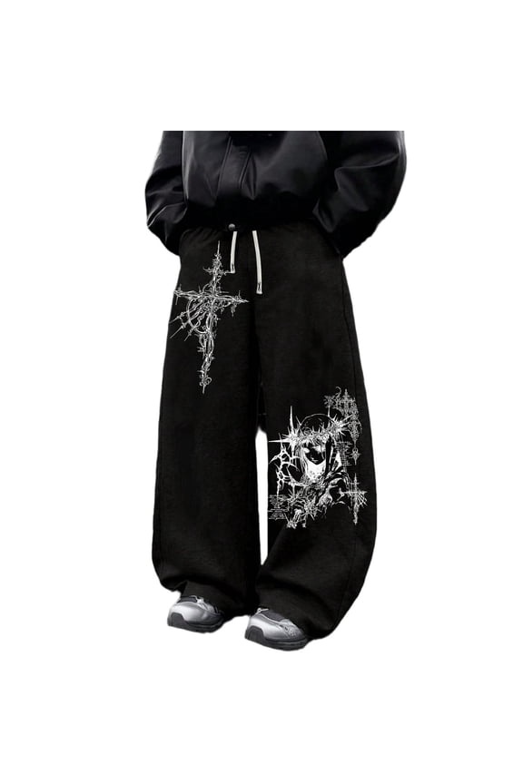 Black Y2K Baggy Gothic Sweatpants Y2K Men Emo Sweatpants 2000's Clothes Mens Baggy Track Pants, Wide Leg Joggers for Gym Workout Hip Hop Streetwear Casual Athletic Wear