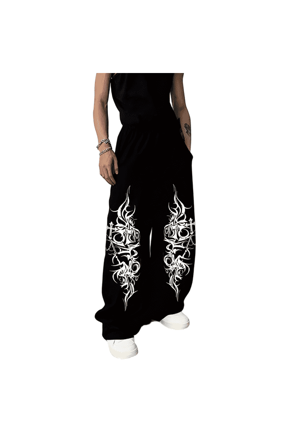 Black Y2K Goth Sweatpants Wide Leg Joggers Gym Baggy Joggers Men Gym Trousers Men Track Pants Mens, Gothic Cross Chain Totem Print, Punk Streetwear Casual Festival Daily Lounge Wear