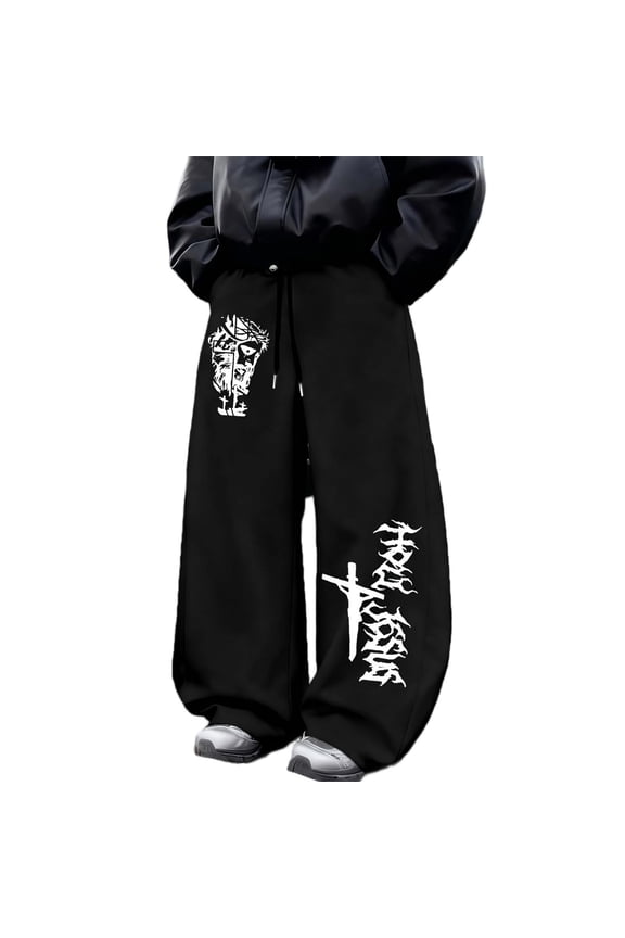 Black Y2K Goth Sweatpants Wide Leg Joggers Gym Baggy Joggers Men Gym Trousers Men Track Pants Mens, Thorn Cross Gothic Print, Dark Alt Streetwear Casual Festival Gym Wear