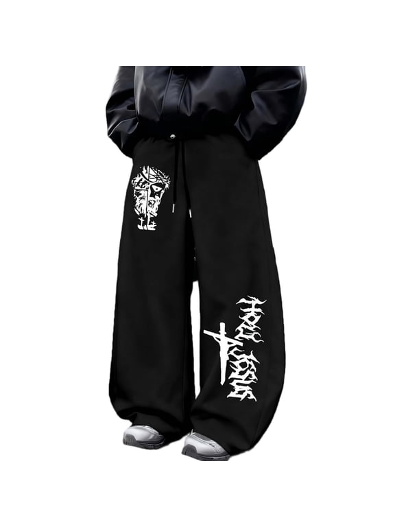 Black Y2K Goth Sweatpants Wide Leg Joggers Gym Baggy Joggers Men Gym Trousers Men Track Pants Mens, Thorn Cross Gothic Print, Dark Alt Streetwear Casual Festival Gym Wear
