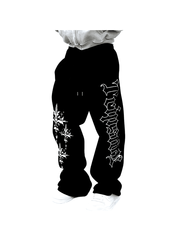 Black Y2K Goth Sweatpants Wide Leg Joggers Gym Baggy Joggers Men Gym Trousers Men Track Pants Mens, Vertical Gothic Font Cross Print, Alt Streetwear Casual Daily Errands Lounge Wear
