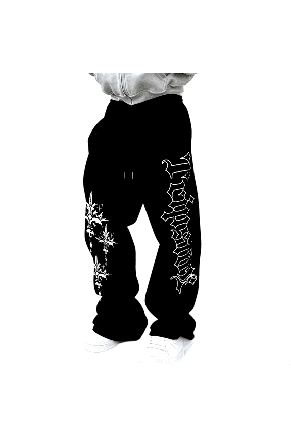 Black Y2K Goth Sweatpants Wide Leg Joggers Gym Baggy Joggers Men Gym Trousers Men Track Pants Mens, Vertical Gothic Font Cross Print, Alt Streetwear Casual Daily Errands Lounge Wear