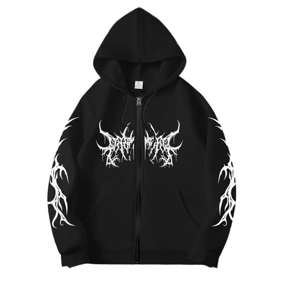 Black Y2K Zip Up Hoodie Men Women Gothic Print Unisex Oversized Grunge Streetwear Emo Hoodie Alternative Clothes