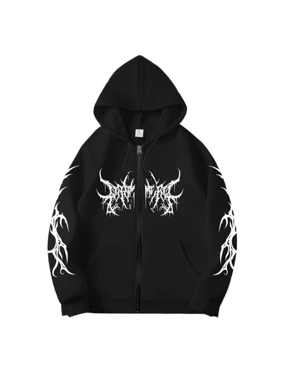 Black Y2K Zip Up Hoodie Men Women Gothic Print Unisex Oversized Grunge Streetwear Emo Hoodie Alternative Clothes