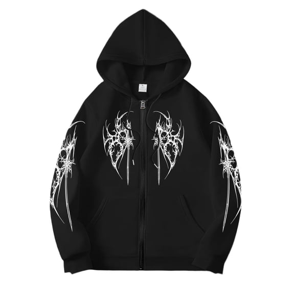 Black Y2K Zip Up Hoodie Men Women Gothic Print Unisex Oversized Grunge Streetwear Emo Hoodie Alternative Clothes