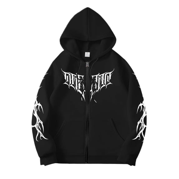 Black Y2K Zip Up Hoodie Men Women Gothic Print Unisex Oversized Grunge Streetwear Emo Hoodie Alternative Clothes