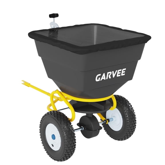 Black & Yellow 110 LBS Tow-Behind Broadcast Spreader, Adjustable Flow with Universal Hitch and Hopper Cover, Pull Spreader for ATV, UTV & Tractor, Fertilizer, Seed & Ice Melt