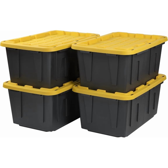Black & Yellow 27-Gallon Heavy Duty Stackable Storage Bins with Lids, Dorm Room Essentials, Moving Boxes, Back to School, Classroom Organization, Home Organization, 4 Pack (14.3"H x 20.6"W x 30.6"D)