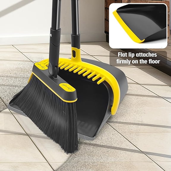 Black & Yellow  54.3" Long Handle Swivel Broom & Upright Foldable Dustpan with Comb Teeth for Home Kitchen Lobby