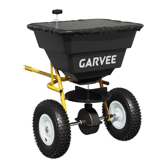 Black & Yellow 85 LBS Tow-Behind Broadcast Spreader, Adjustable Flow with Universal Hitch and Hopper Cover, Pull Spreader for ATV, UTV & Tractor, Fertilizer, Grass Seed & Ice Melt