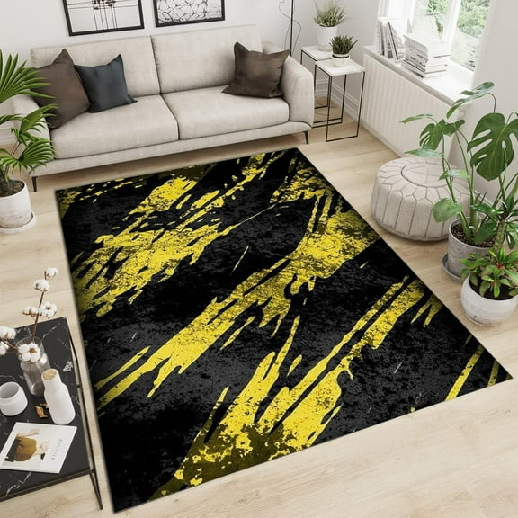 Black Yellow Abstract Area Rug, Rectangular Kitchen Rug, Dining Room Rug Machine Washable Durable Non-Slip Rectangular Soft For Living Room Hotel Bathroom Laundry Room 5x6ft