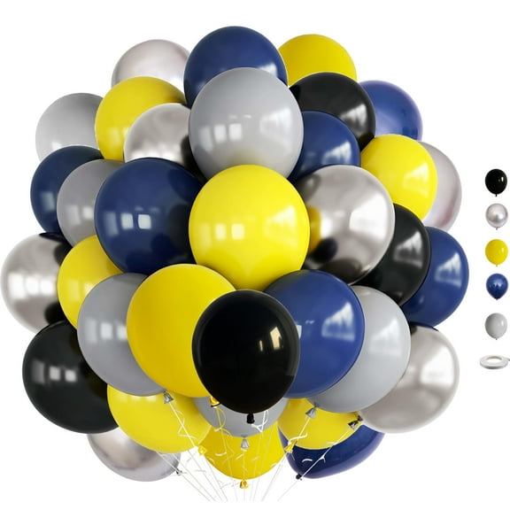 Blue Yellow Grey Balloons, 35PCS 12 Inch Navy Blue Grey Yellow Metallic Silver Latex Balloons for Boys Men Baby Shower Graduation Birthday Party Decorations