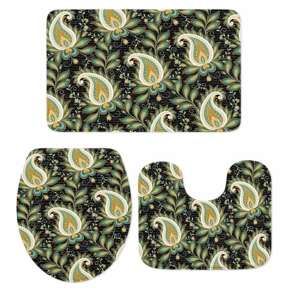 Black Yellow Bandanna Bathroom Rugs Set Ethnic Indian Style Non Slip Absorbent Soft Bath Mats 3 Piece Set with Bathroom Rug, U-Shaped Floor Mat, Toilet Seat Cover Small Size