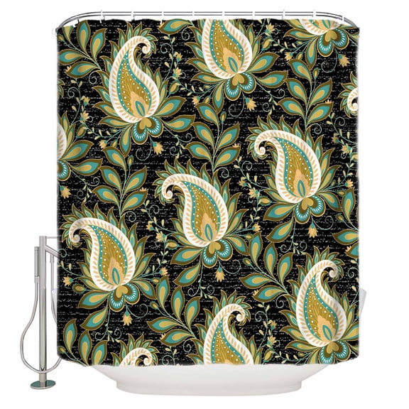 Black Yellow Bandanna Bathroom Shower Curtains with Hooks, Ethnic Indian Style Waterproof Fabric Washable Shower Curtain for Home Hotel Bathtub Decor 54x78 Inch