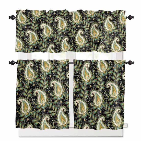 Black Yellow Bandanna Kitchen Curtains Valances and Tiers Set of 3, Retro Country 24 Inch Length Tier Curtains and Valance Rod Pocket Valance Curtains Set for Kitchen Bathroom Small Windows